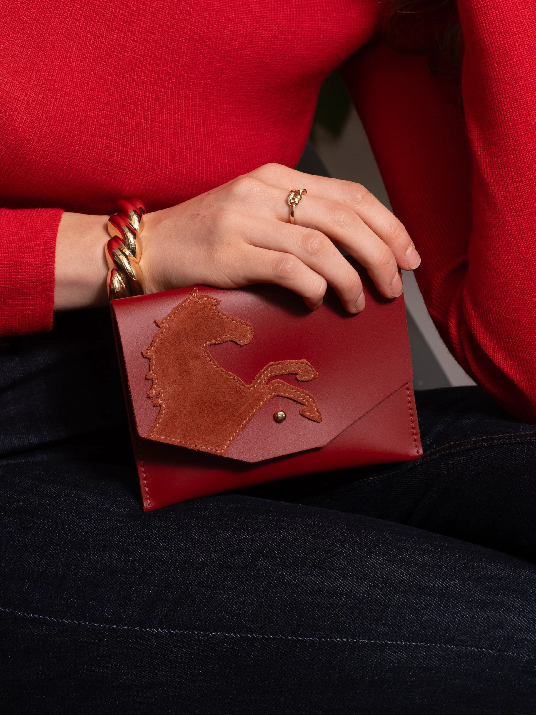 The Year of the Horse Money Purse - Red with Rust Suede Horse - Image 2