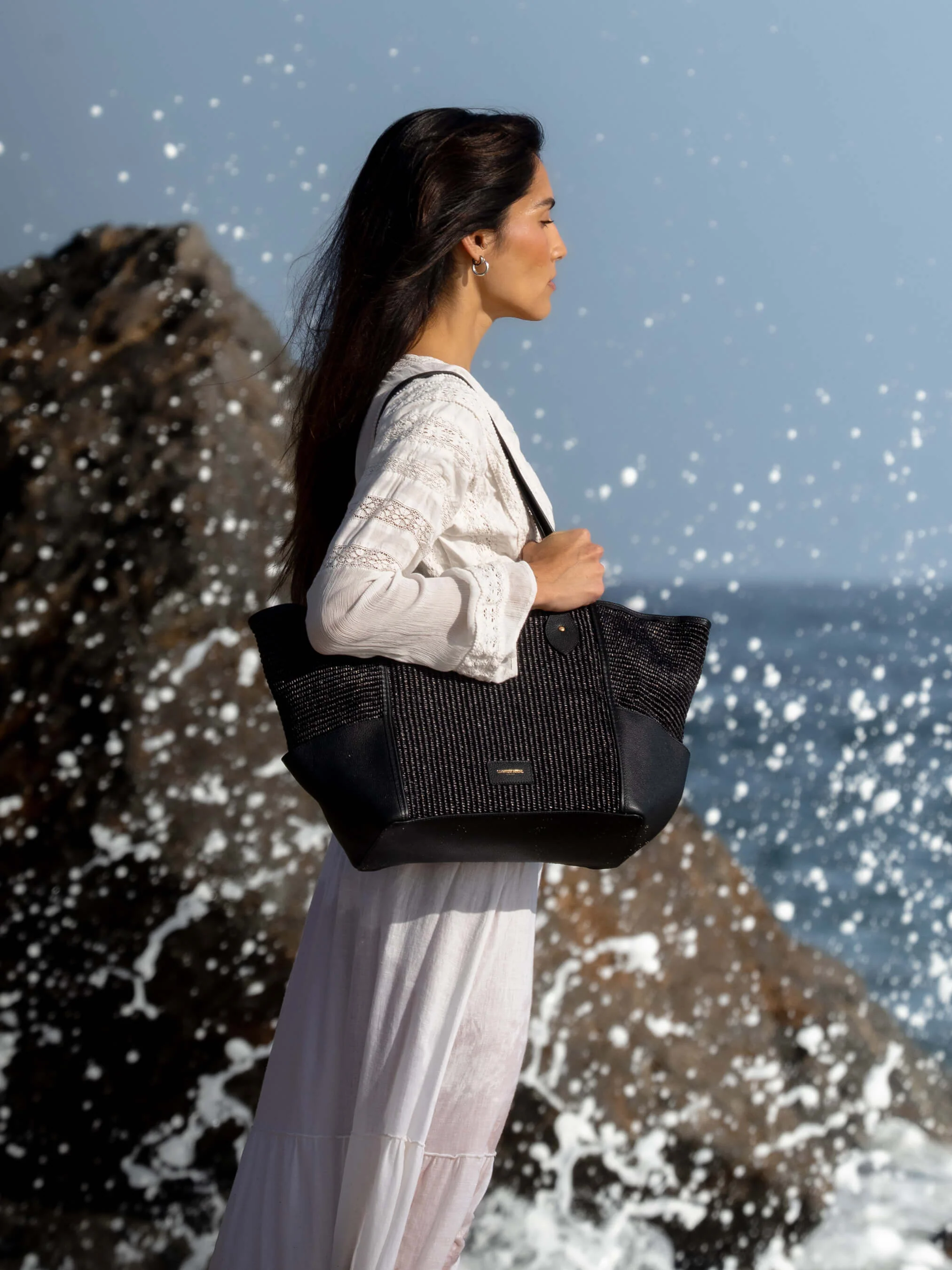The Raffia Tote - Black Raffia & Madras Grain Leather - Image 2