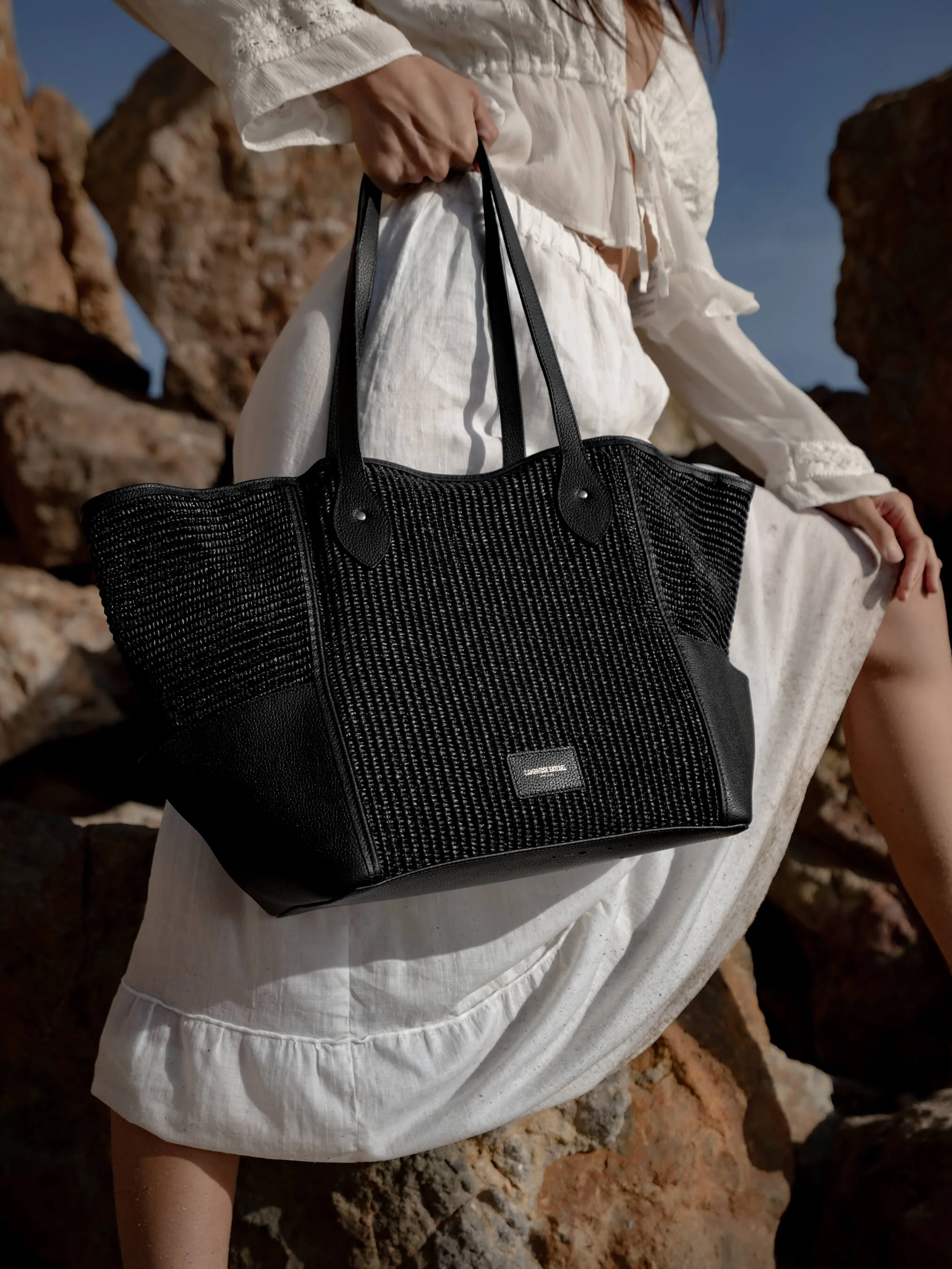 The Raffia Tote - Black Raffia & Madras Grain Leather - Image 6