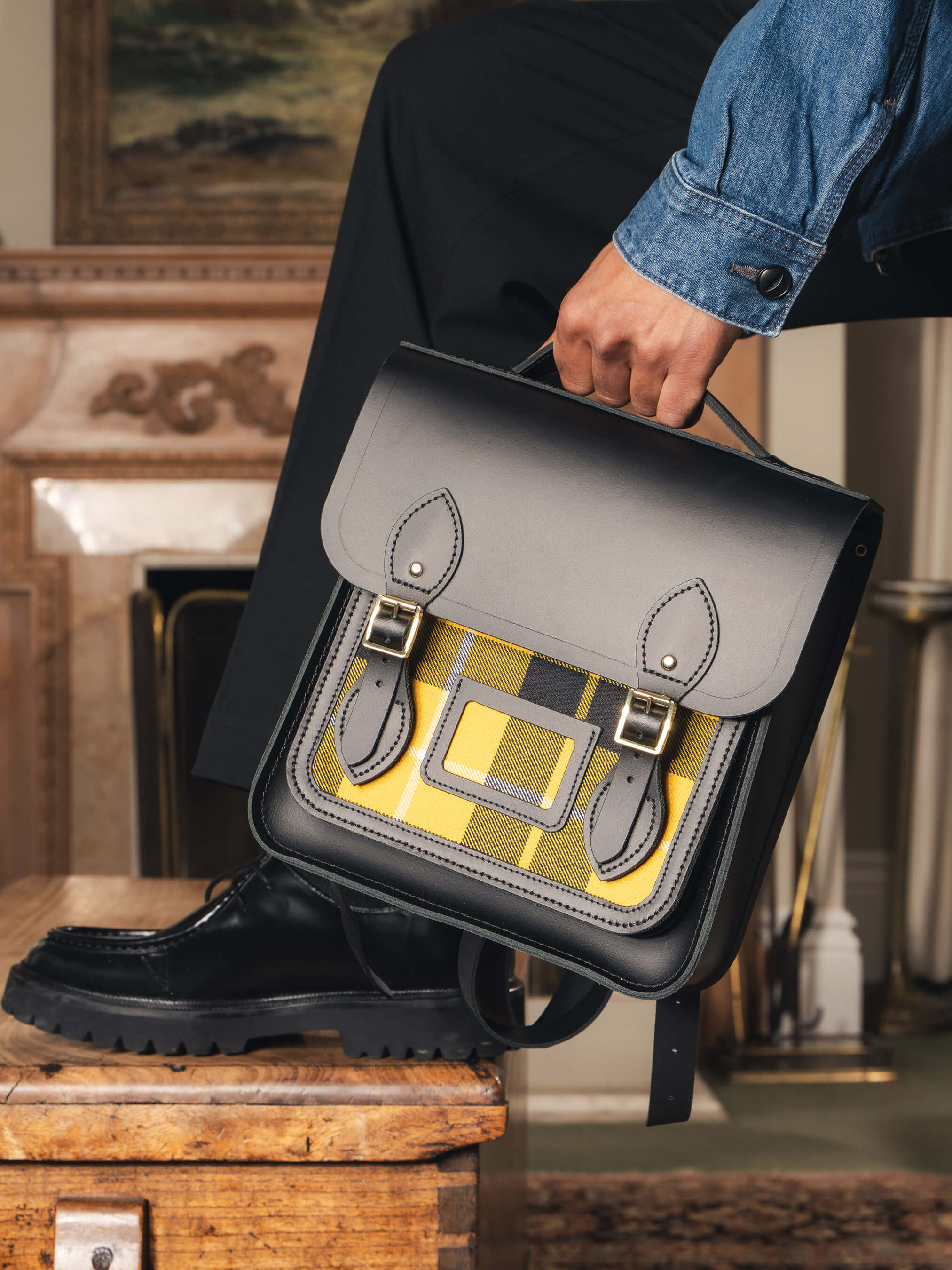 The Small Portrait Backpack - Black with Yellow Tartan - Image 3